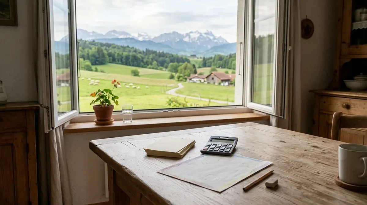 Table de cuisine d'une maison du Pays de Gex avec des documents unis, une calculatrice et un dessin d'enfant