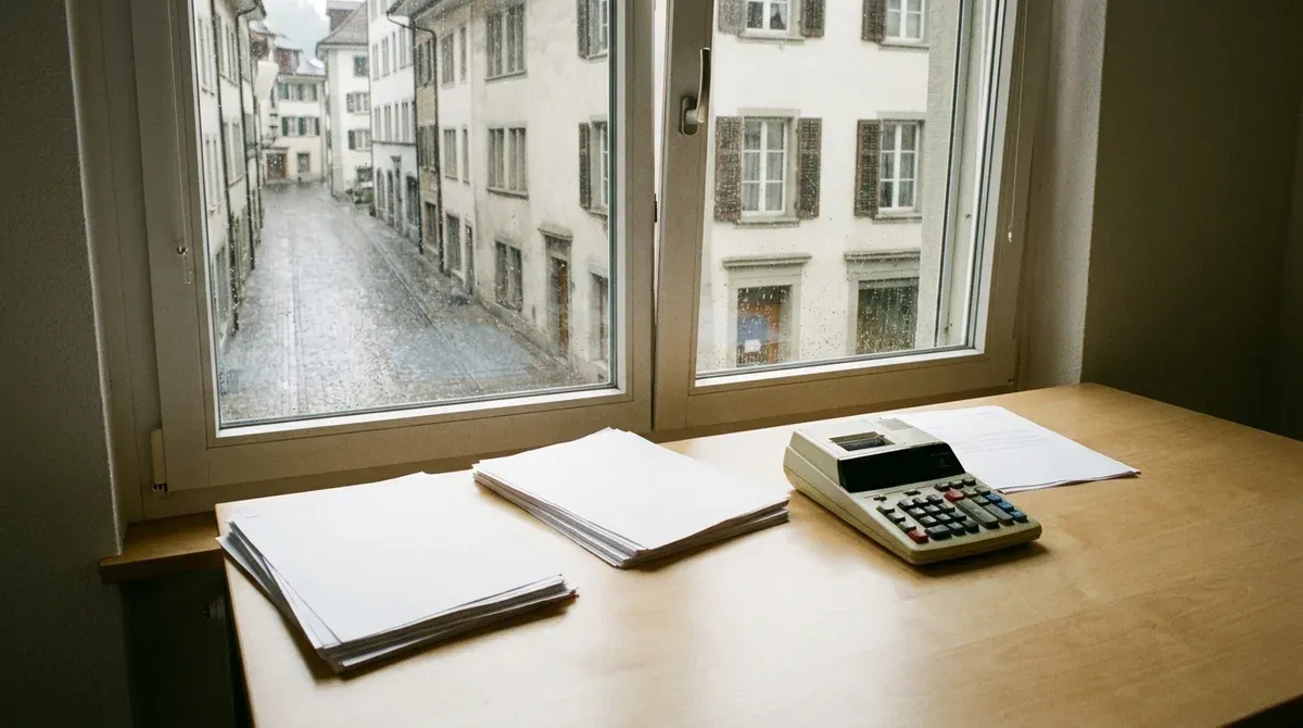 Bureau avec des documents fiscaux et une calculatrice près d'une fenêtre donnant sur une rue suisse
