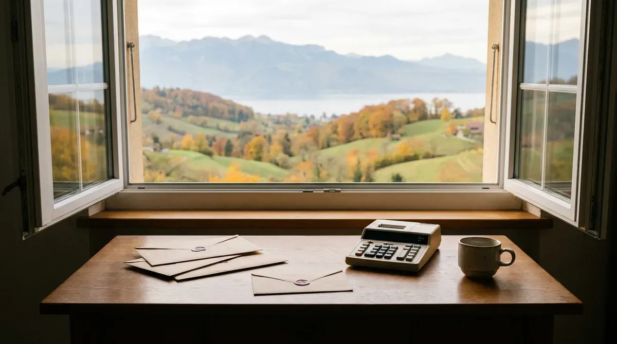 Bureau avec des courriers d'assurance et une calculatrice près d'une fenêtre donnant sur des collines de la région lémanique