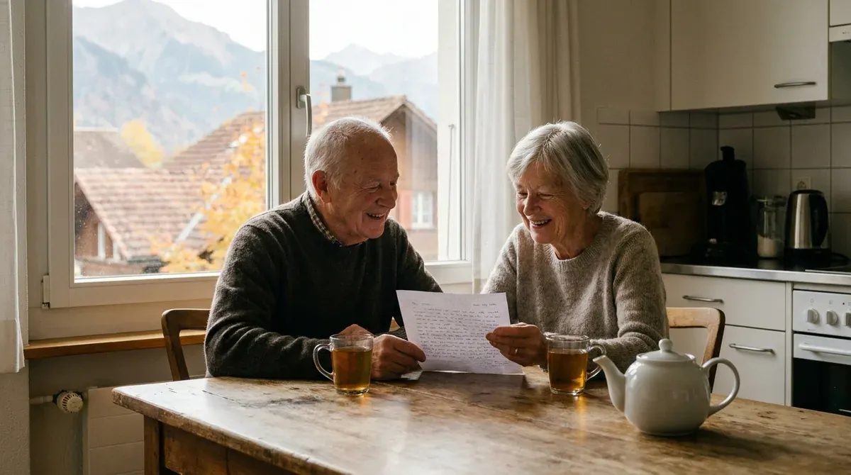 Couple de retraités lisant un courrier à la table de leur cuisine, dans un appartement suisse